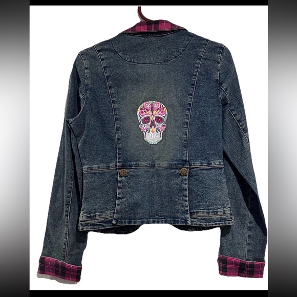 Traffic Soda Jackets & Blazers - NWOT Y2K Traffic Soda Cropped Denim Blazer With Plaid Accent & Embroidered Back